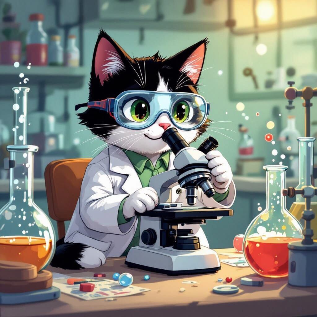 Cartoon Tuxedo Cat Scientist in Laboratory