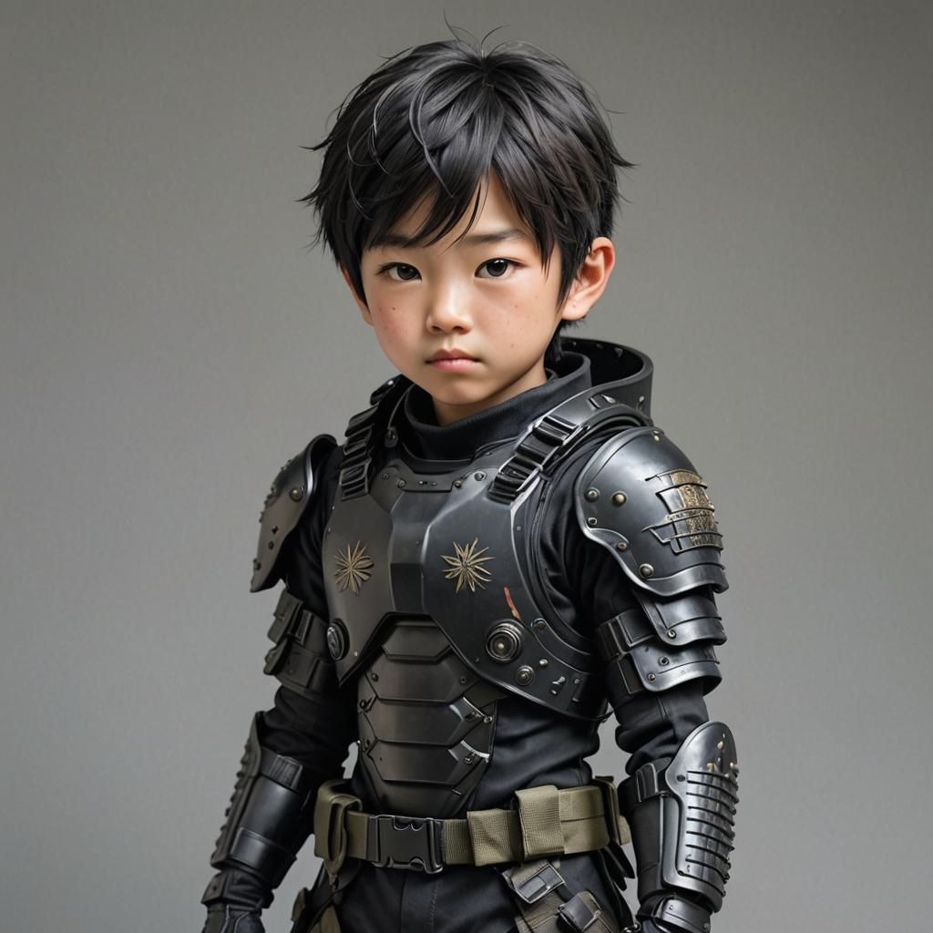 Cute Japanese Boy in Black Tactical Armor