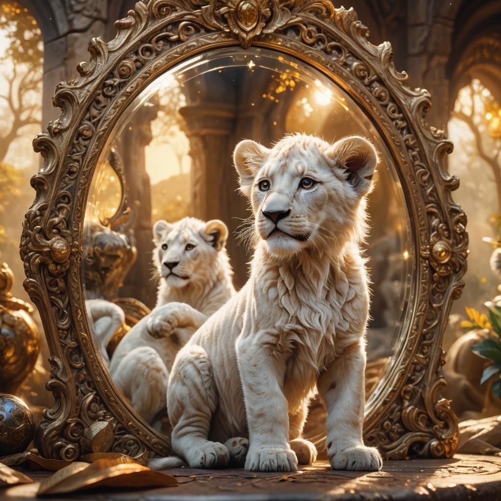 White Lion Cub Sees Father's Reflection