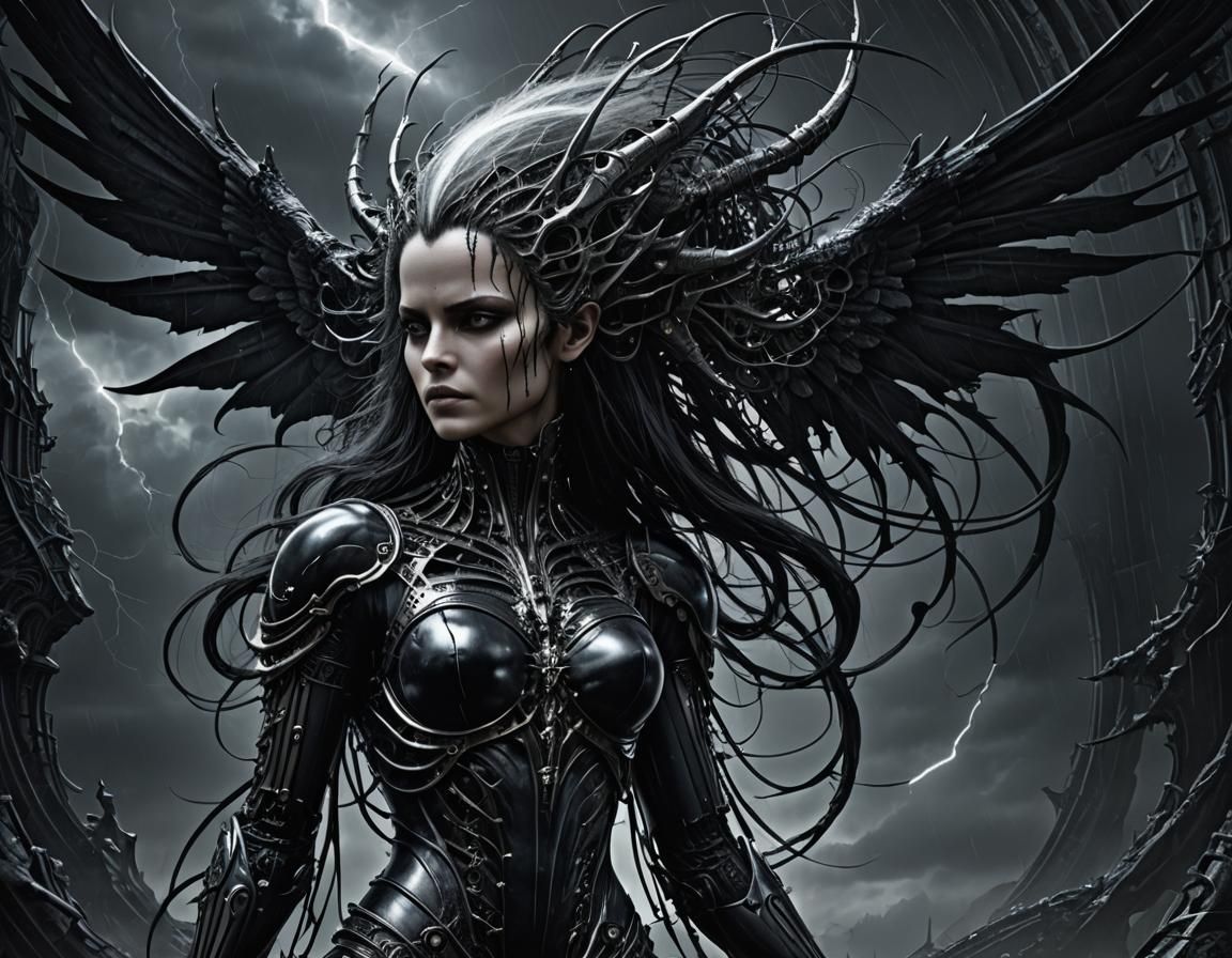 Dark Goddess with Wings in Moonlit Galaxy