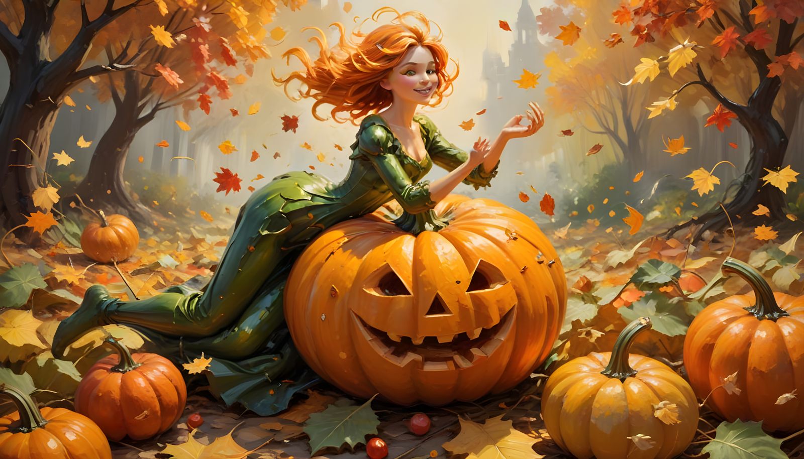 Autumnal Oil Painting: Whimsical Pumpkin Lady and Zucchini M...