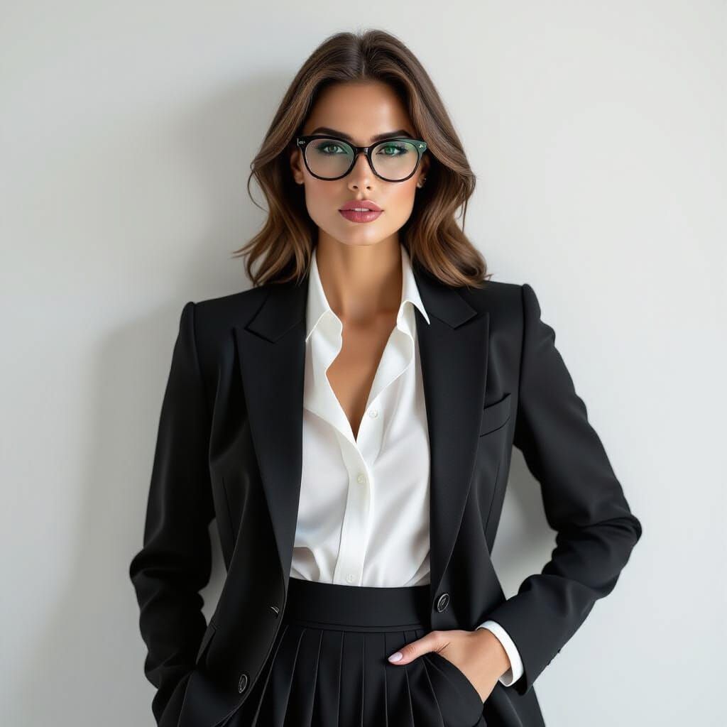 Fashion Model Poses in Tailored Outfit with Bold Glasses