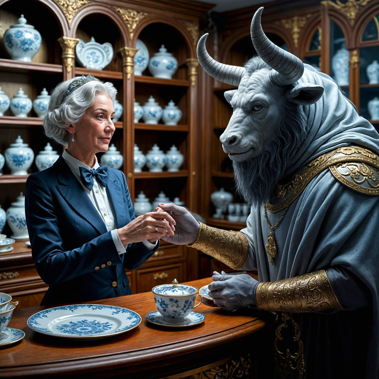 Elderly Lady and Minotaur in Porcelain Shop
