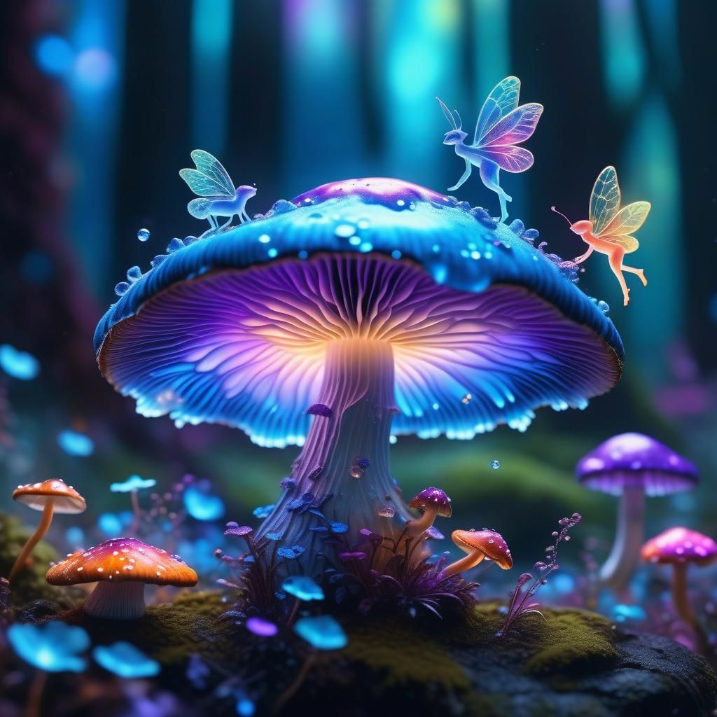 Opal Mushroom Dance: A Hyperrealistic Fantasy Scene