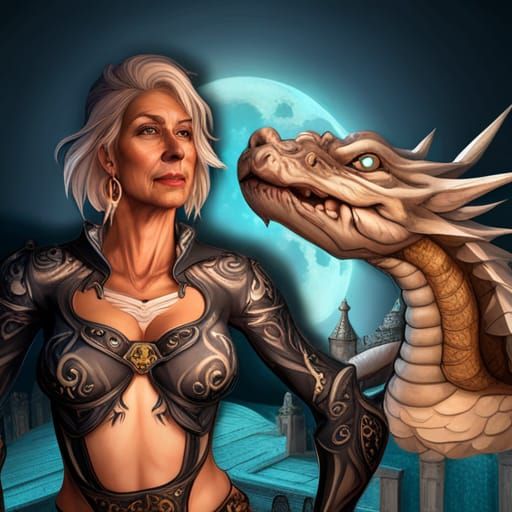 Senior Woman's Selfie with Dragon in Moonlight