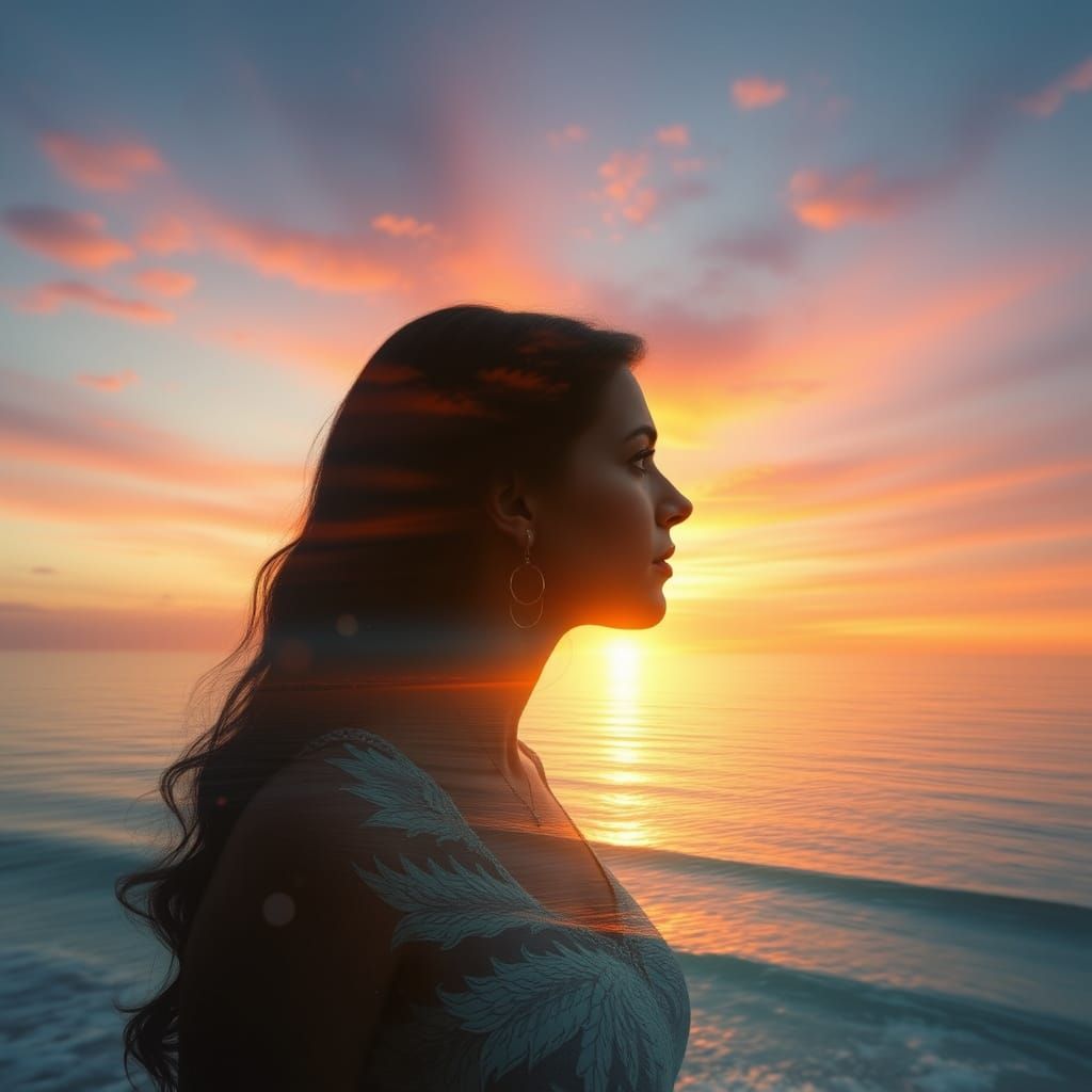 Ethereal Fantasy Woman Amidst Sunset Sea