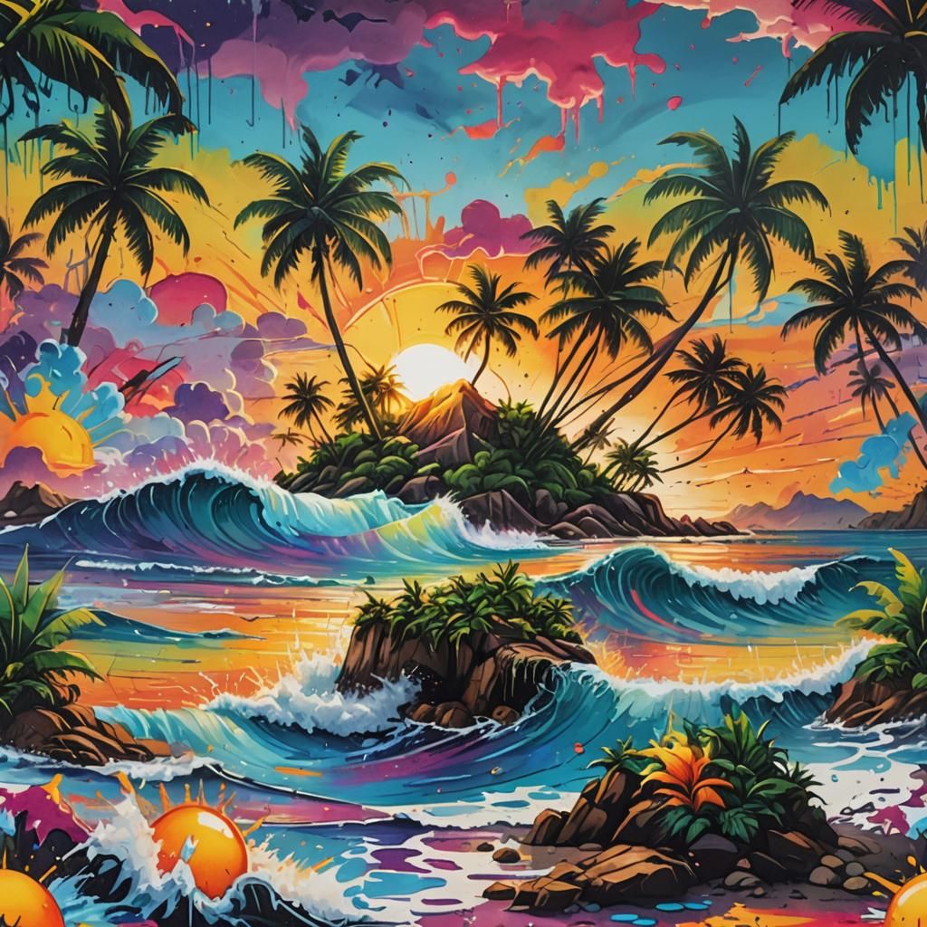 Tropical Island Sunrise in Graffiti Art Style
