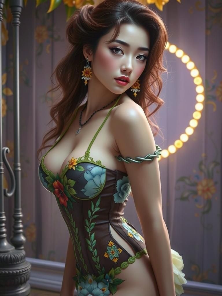 Confident Woman with Floral Tattoos in Photorealistic Style