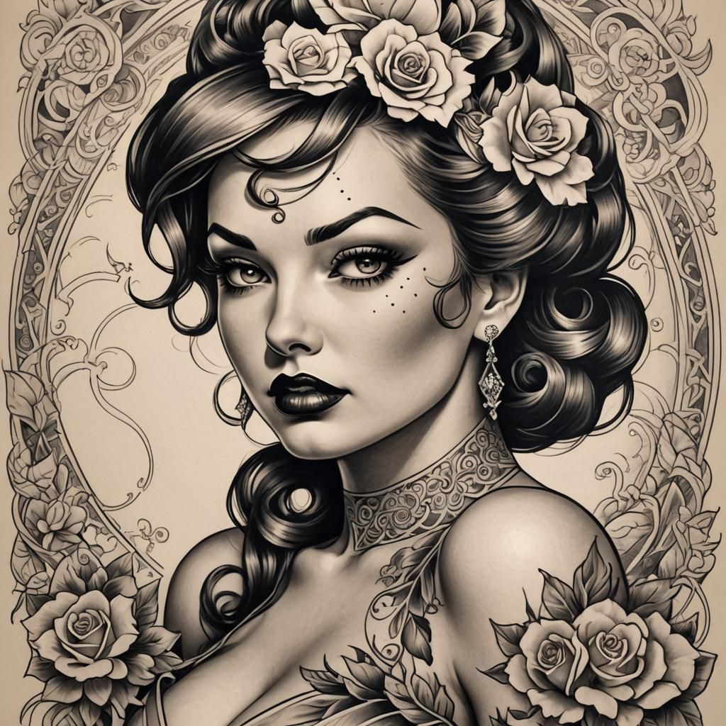 Classic Pin-Up Girl Tattoo Design