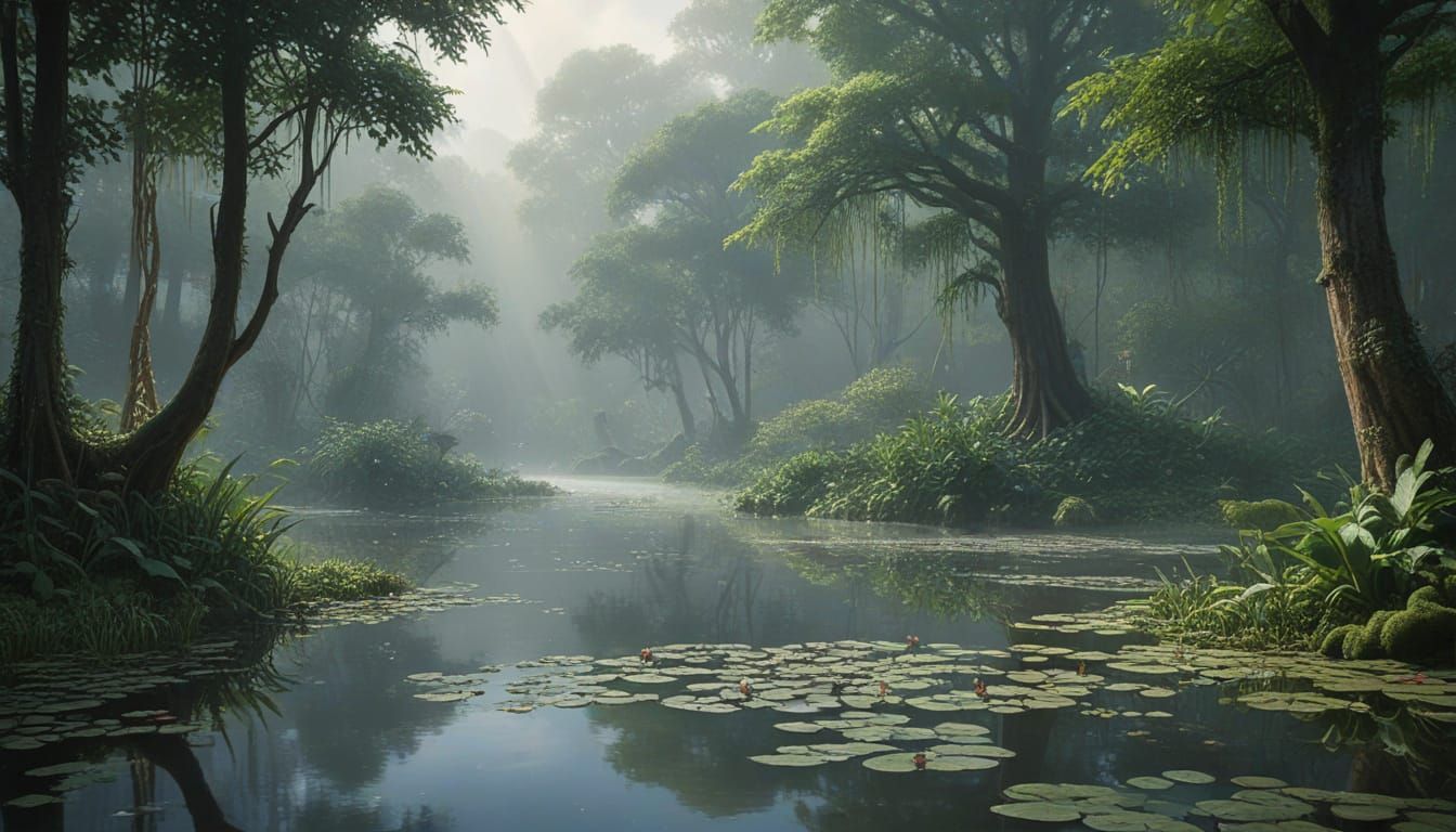 Majestic Water Lily Throne in Moonlit Rainy Night