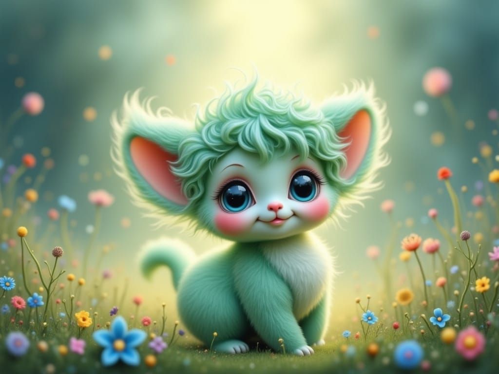 Pastel Creature in Dreamy Meadow, Hyper-Cute Fantasy Art