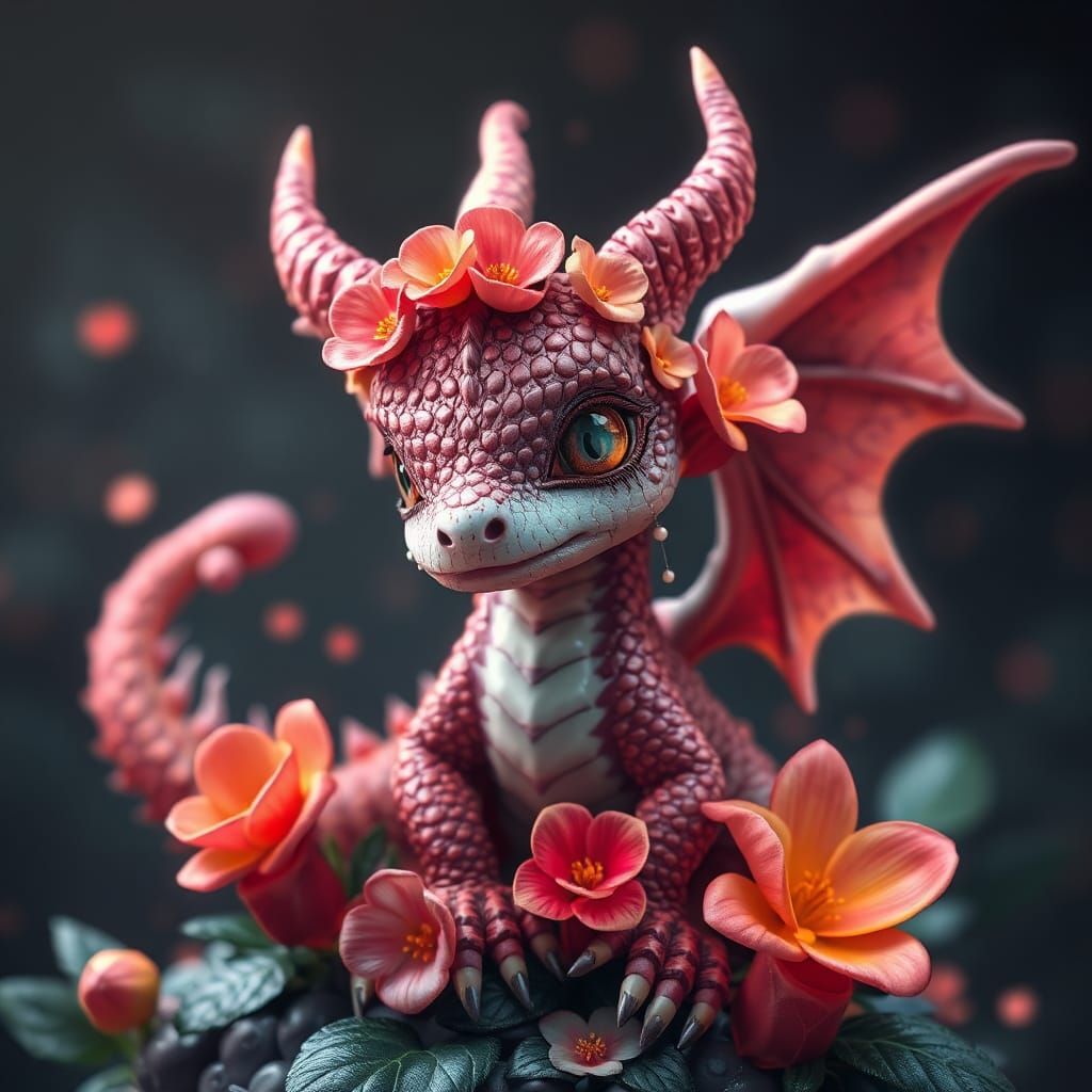 Sweet Baby Dragon with Flowers: Fantasy Concept Art