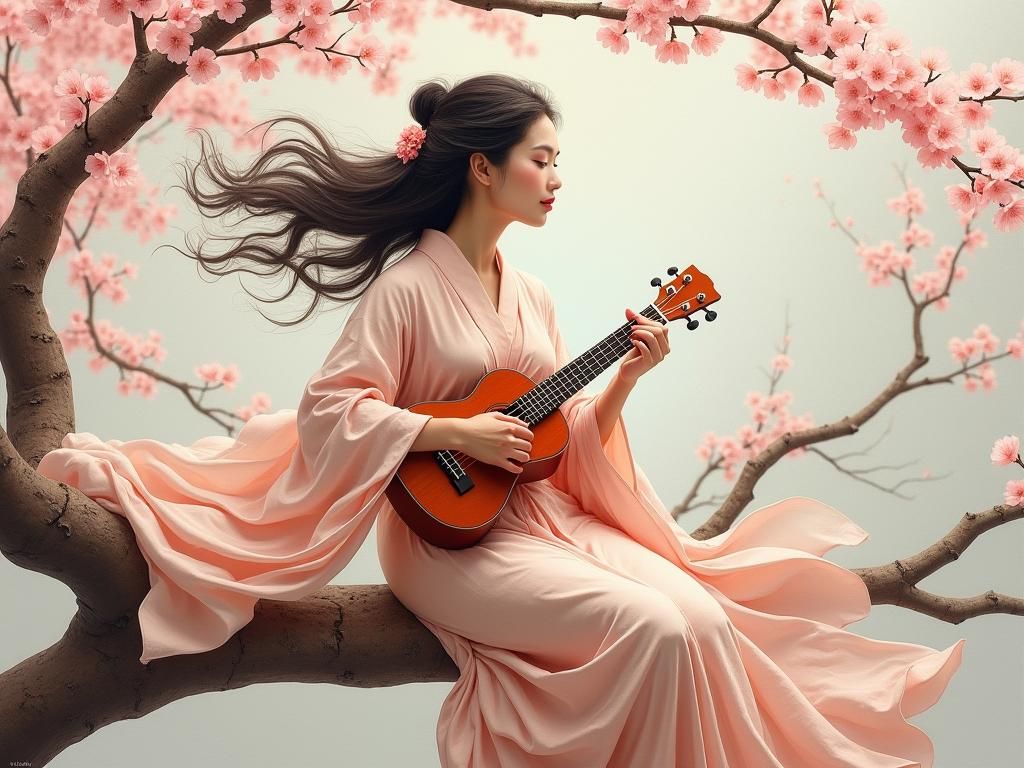 Ethereal Japanese Woman with Ukulele and Cherry Blossoms
