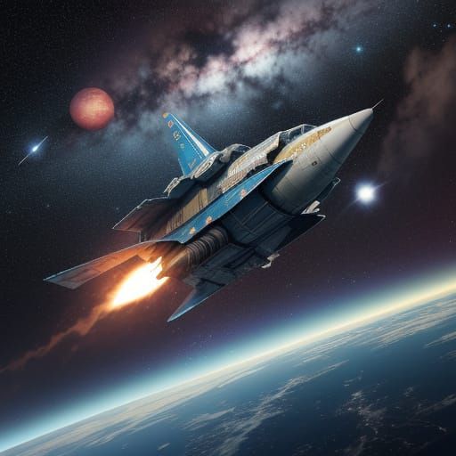 A rocket ship blasting off into a sky full of stars and planets