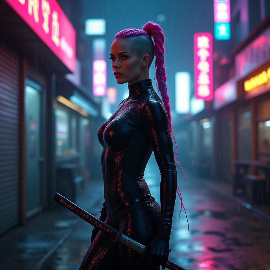Cyberpunk Warrior in Neon Alleyway