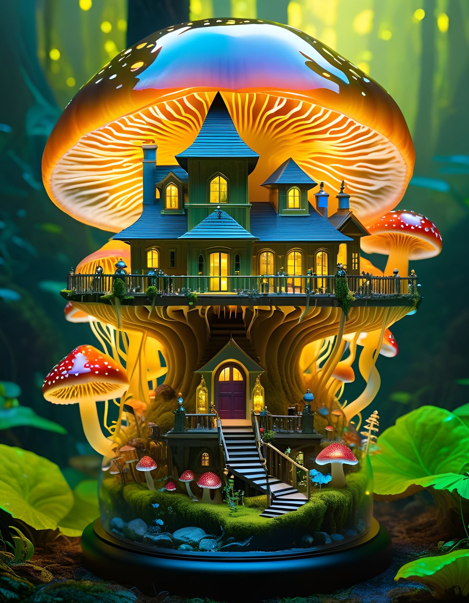 Golden Glass Village Inside Mushroom Skull Jellyfish