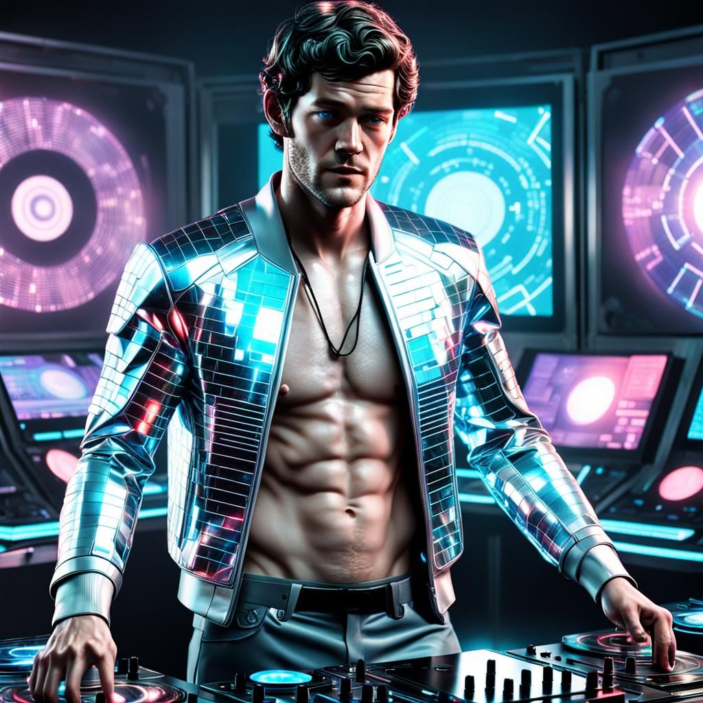 Cyberpunk DJ Controls Holograms in Comicbook Style