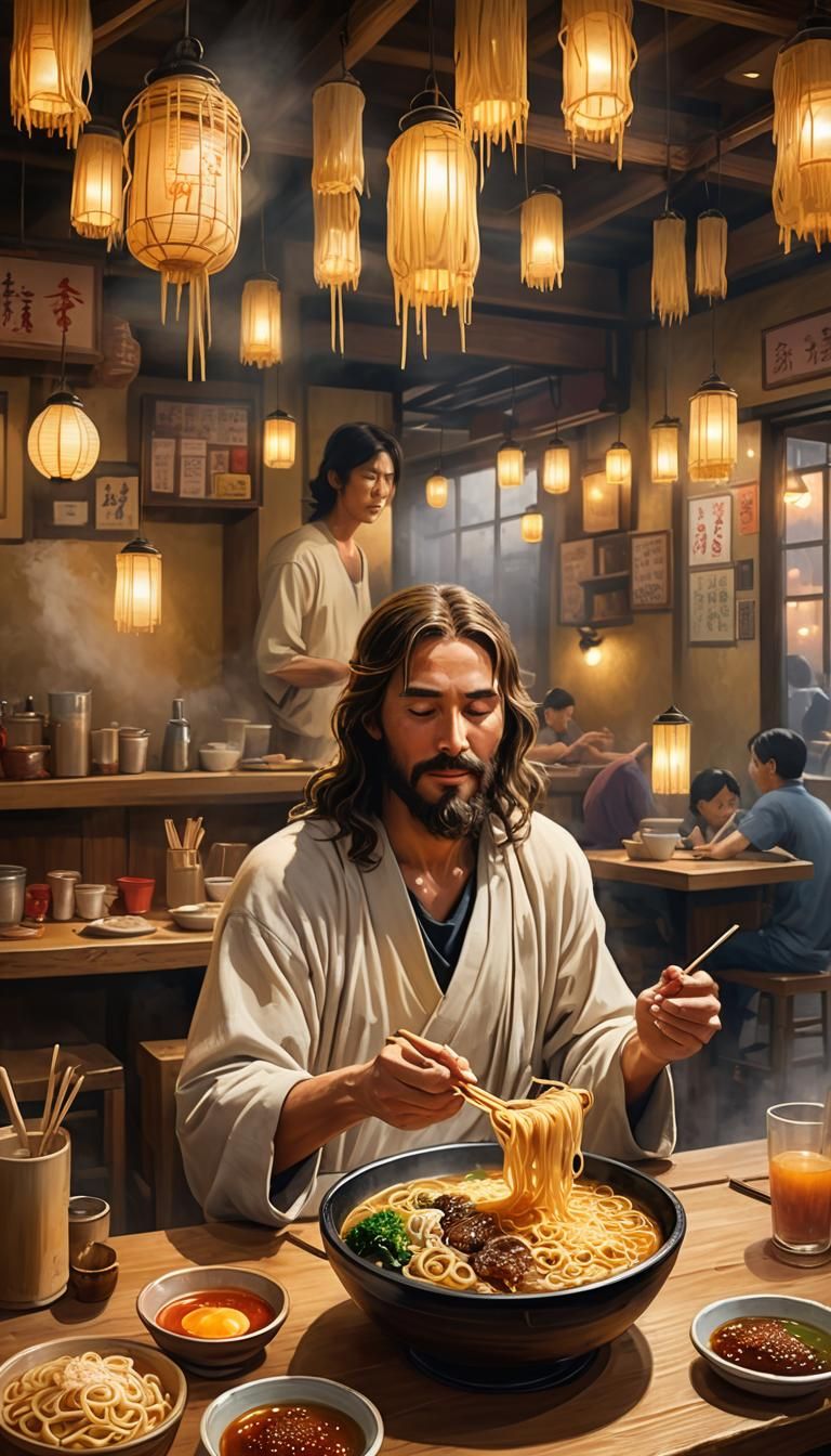 Jesus at Noodle Shop: Realistic Digital Art
