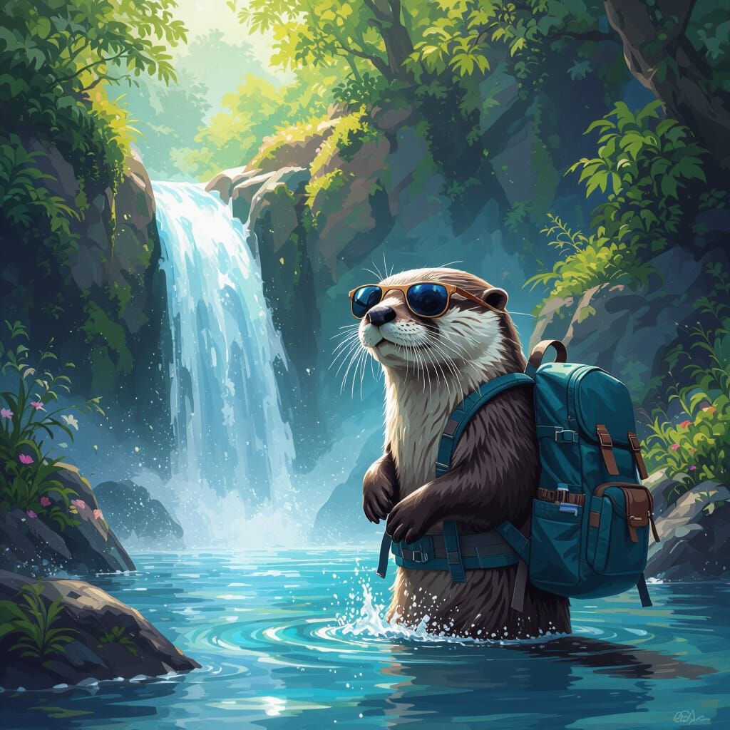 Playful Otter Exploring Mountain Waterfall in Fantasy Art St...
