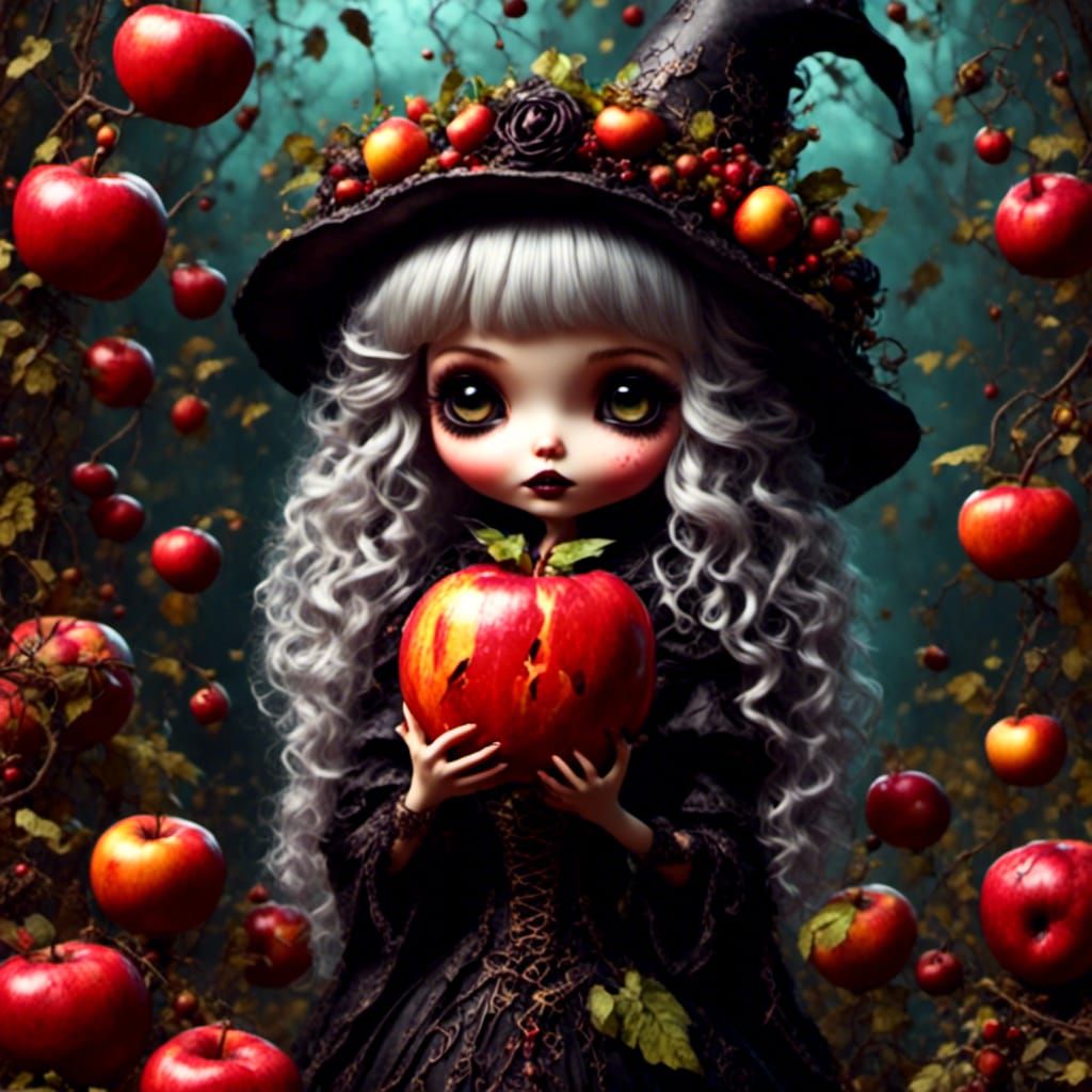 Cute little garden witch holding a huge poison apple