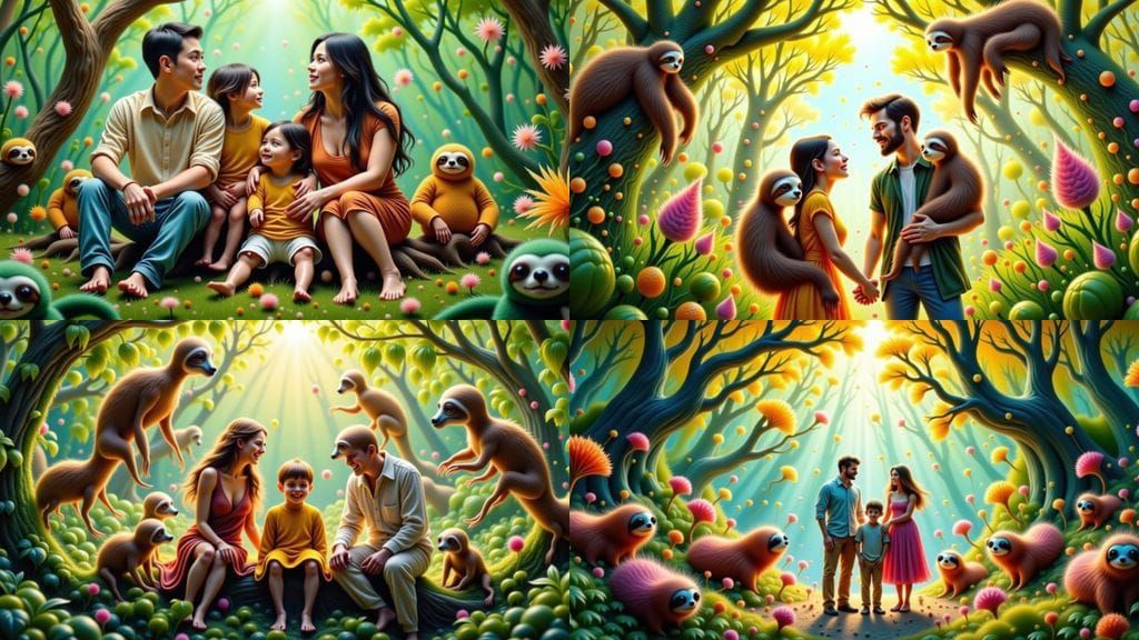 Surreal Family Portrait in a Vibrant Lush Forest with Curiou...