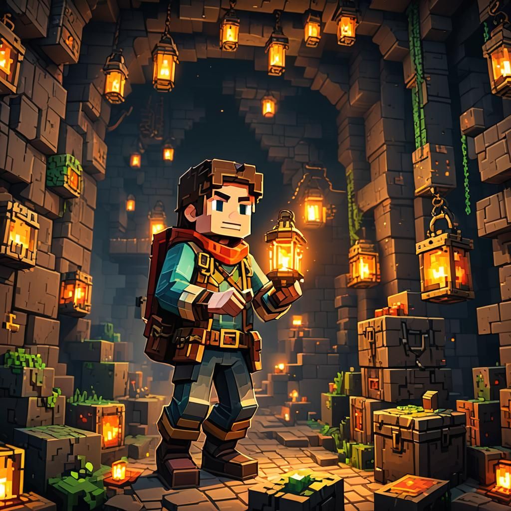 Minecraft Adventurer in Pixel Art Dungeon