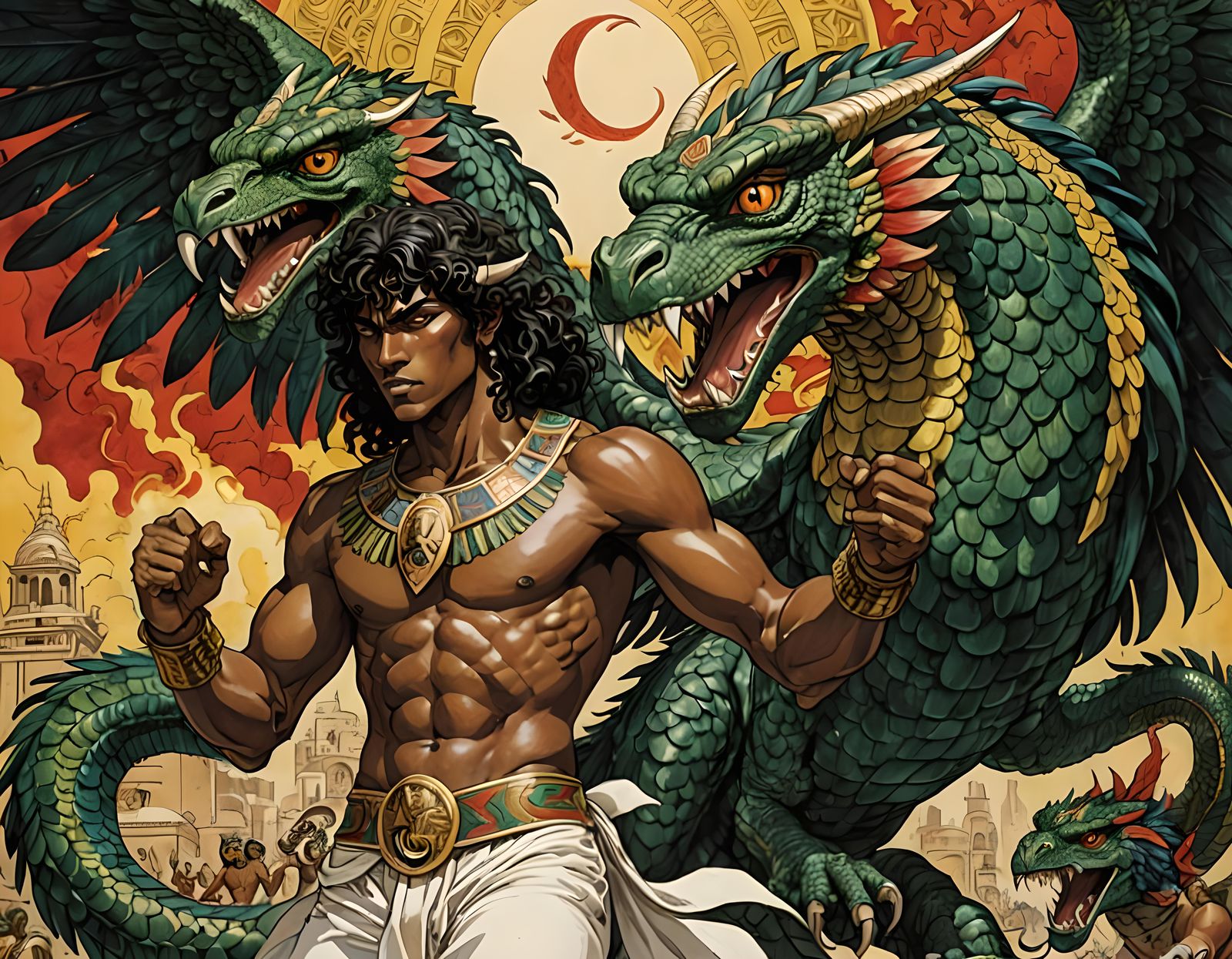 Egyptian God Seth Battles Quetzalcoatl in Milo Manara Style