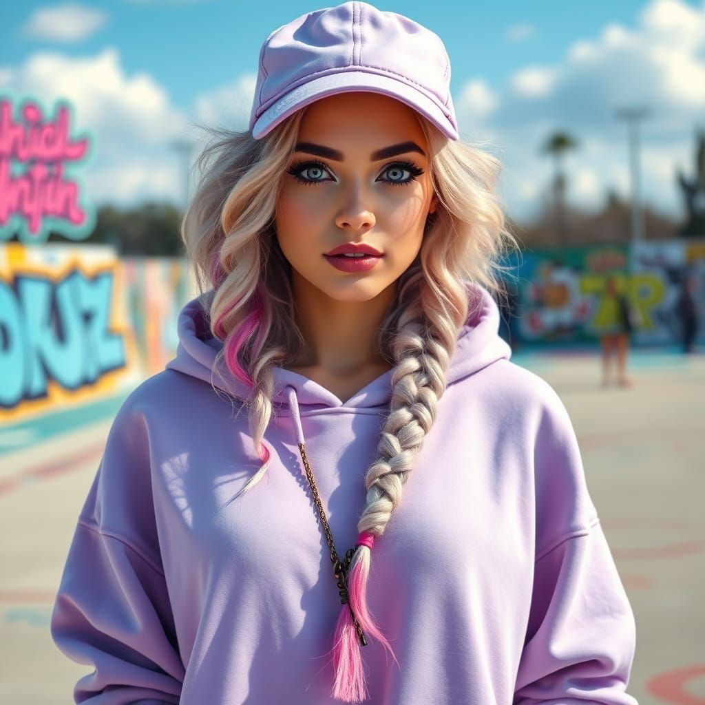 Boho Woman in Vibrant Skate Park, Graffiti Art