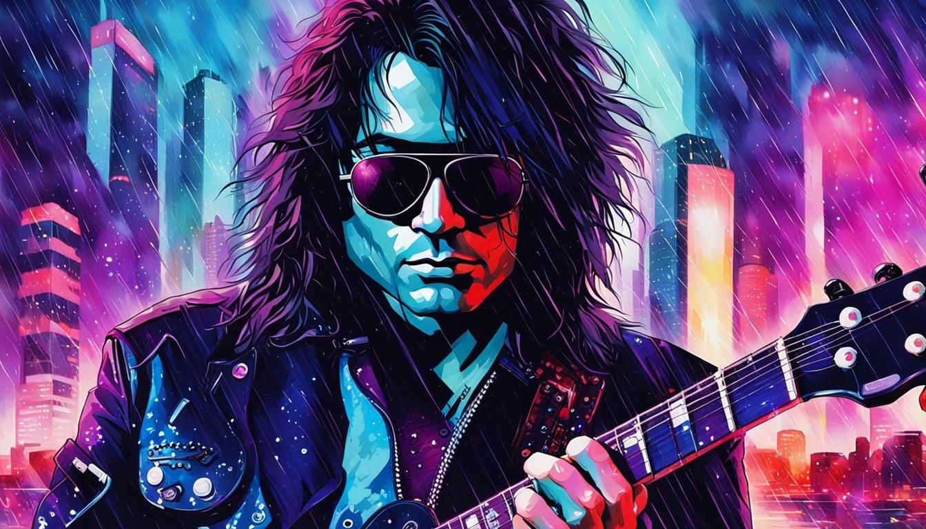 Guitarist in Futuristic City: Watercolor Pop Art Portrait