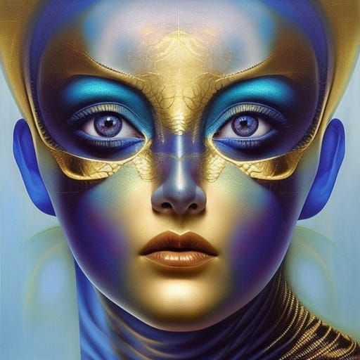 Blue Veined Woman with Gold Spirals: Surrealist Fine Art