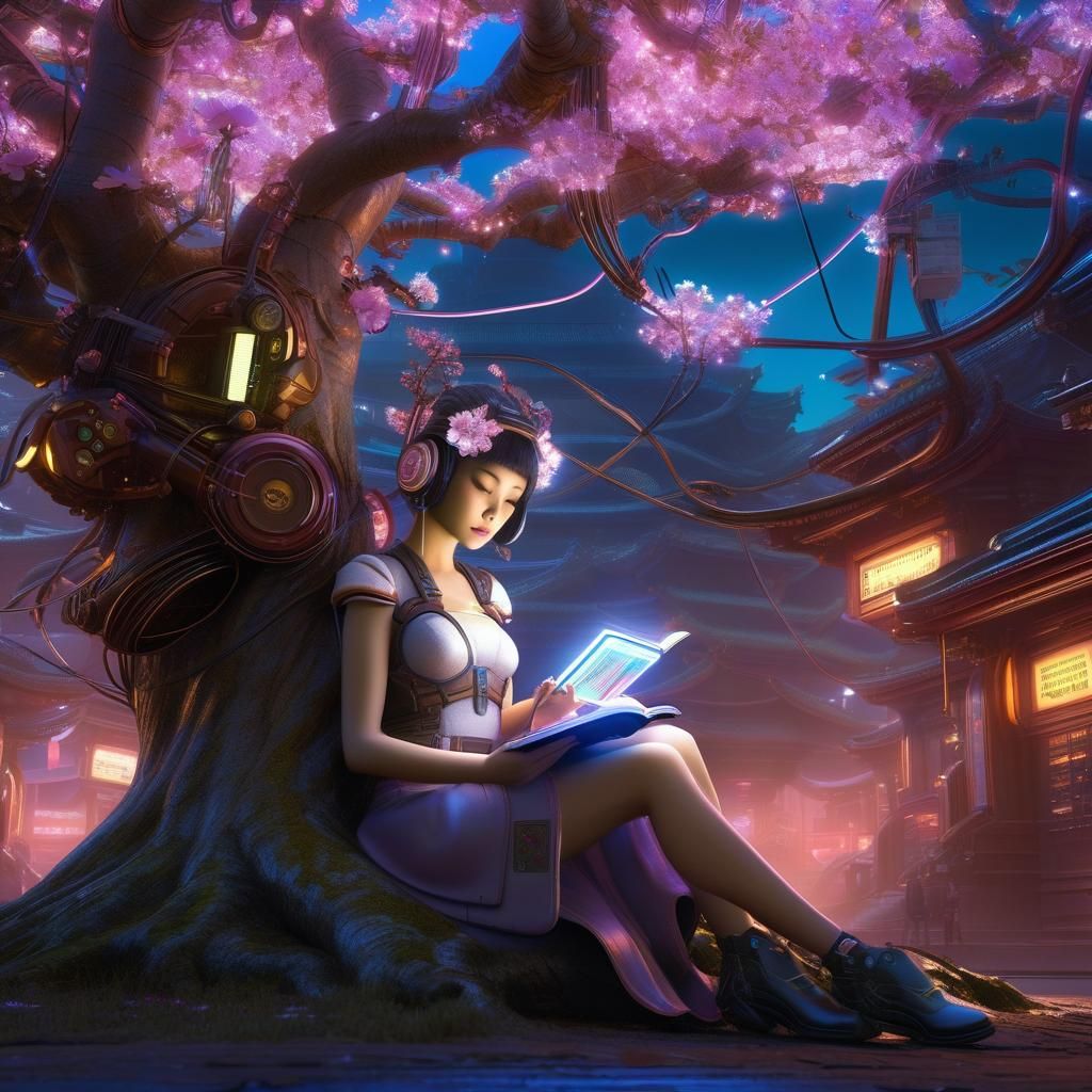 Biopunk Android Girl Reading Under Electric Sakura Tree