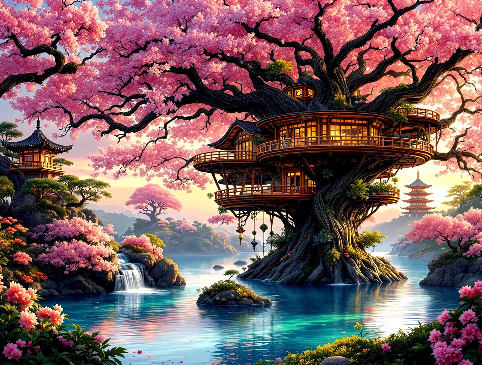 Vibrant Cherry Blossom Treehouse Retreat