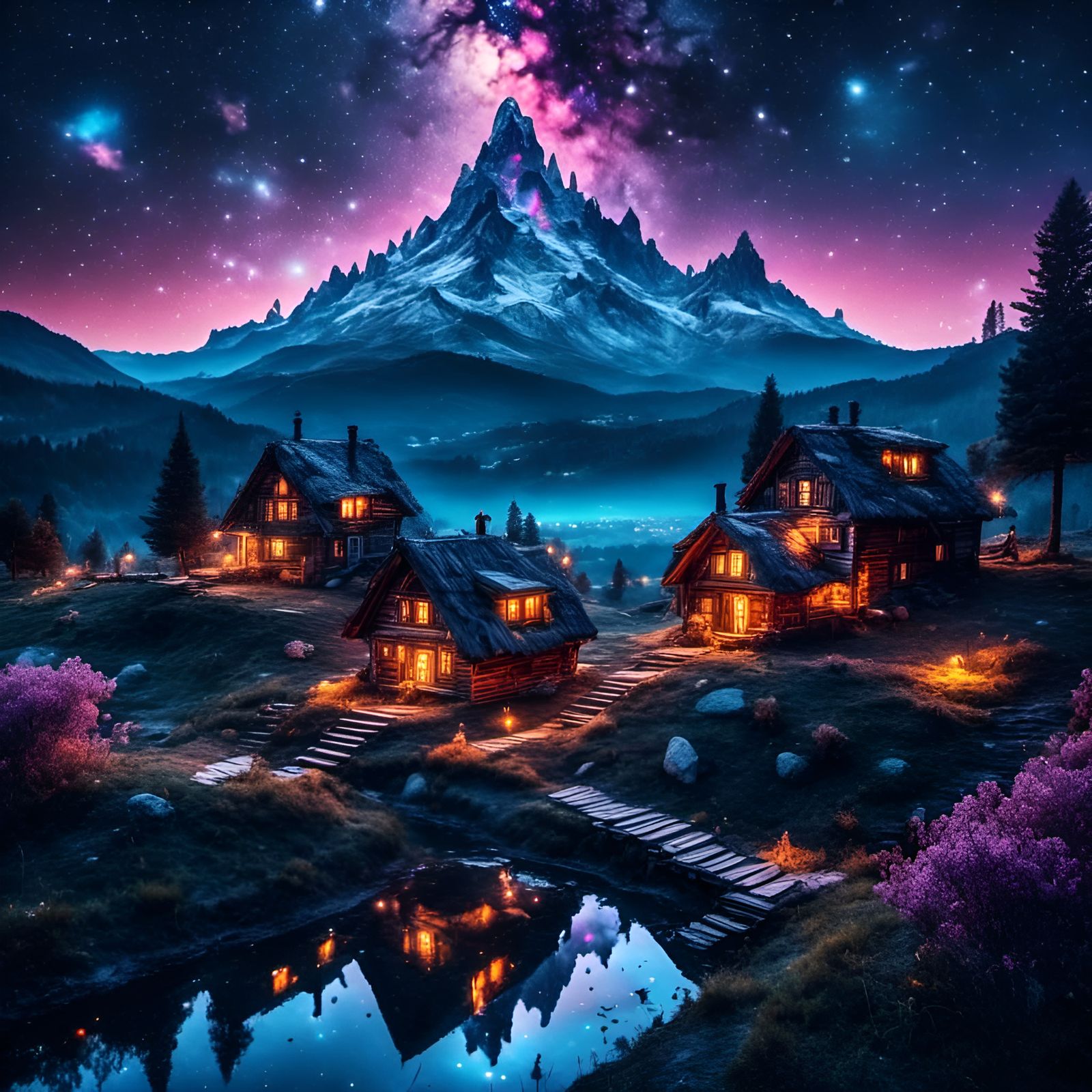 Fantasy Log Village Under a Galaxy Sky