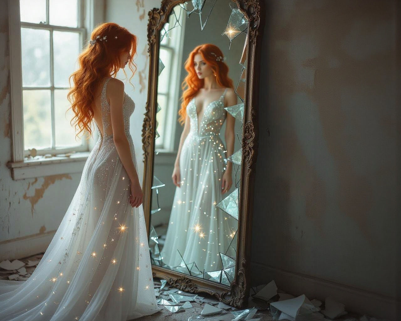 Celestial Goddess in Shattered Mirror, Photorealistic Style