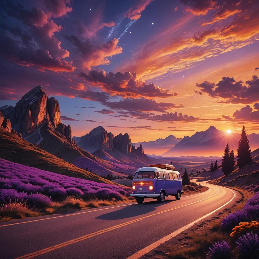 Fairytale Campervan Road Trip at Sunset in Oil Paint Style