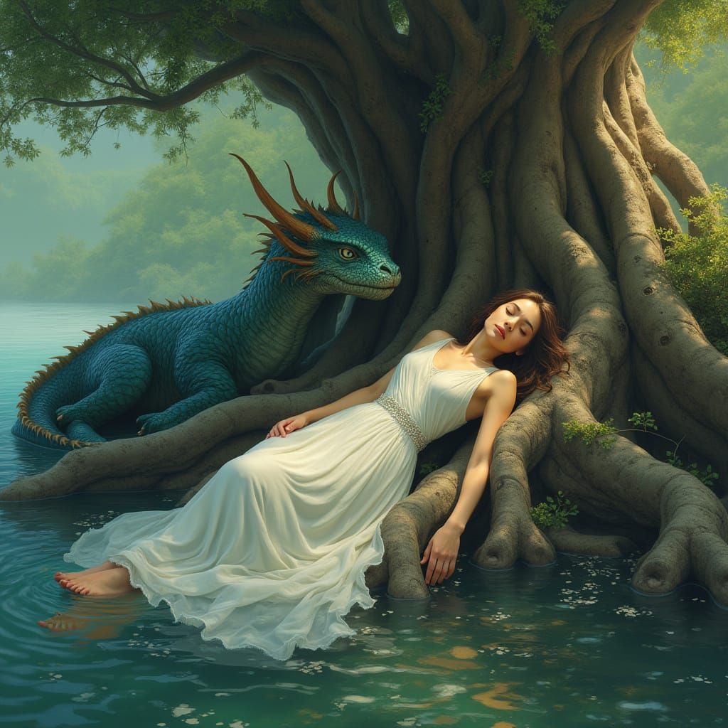 Woman Protected by Tree in Whimsical Style