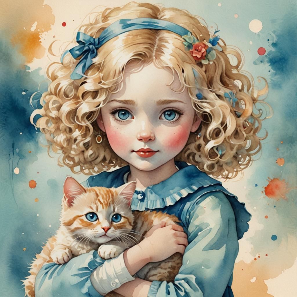 Whimsical Watercolor: Cat, Girl in Vintage Style
