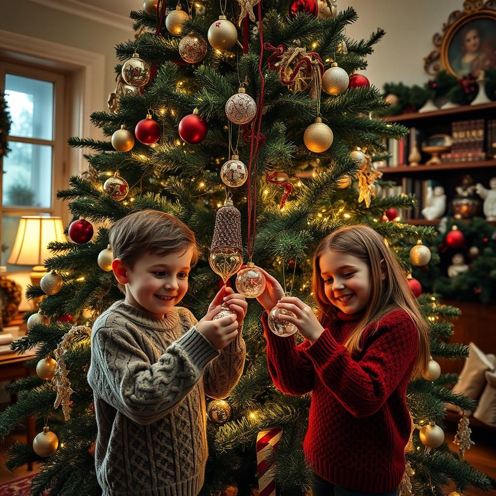 Children Decorating Christmas Tree in Woodcut Style
