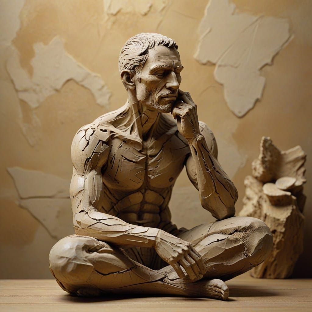 Contemplative Clay Figure in Earthy Rustic Setting
