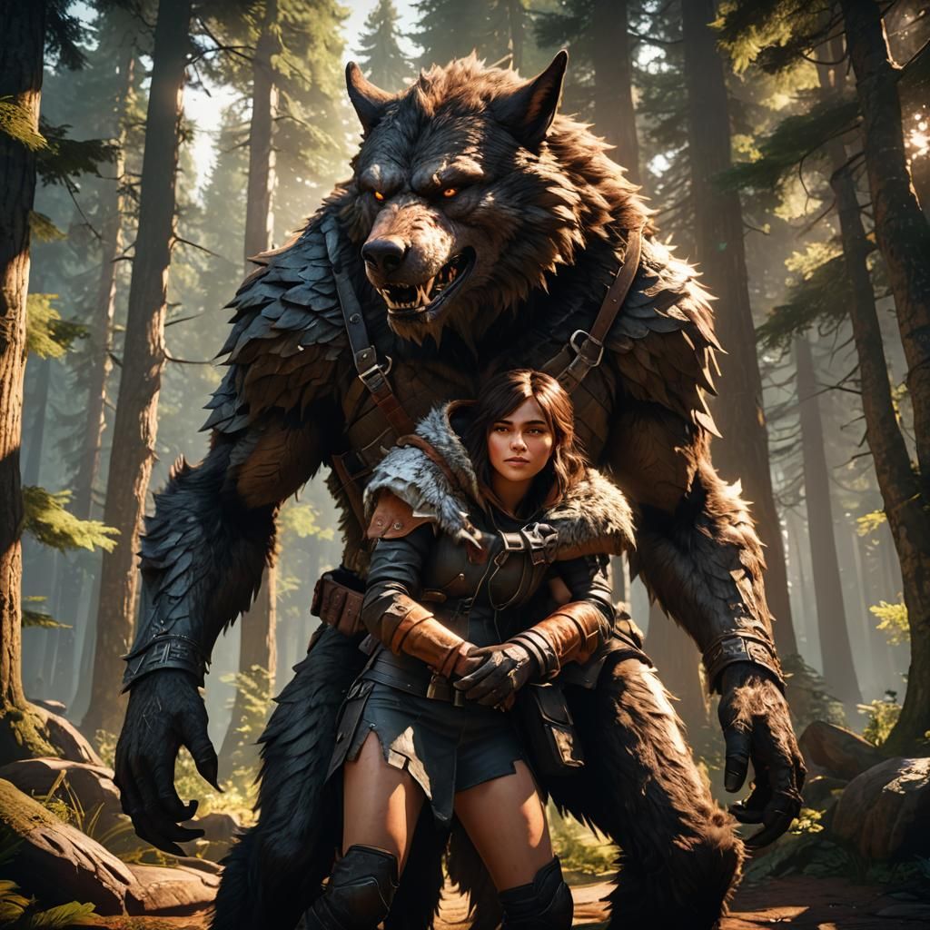Werewolf's Gentle Embrace in a Fantasy Forest