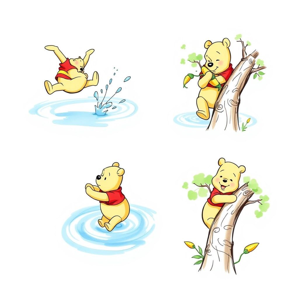 Four Colorful Winnie the Pooh Sketches in Japanese Anime Sty...