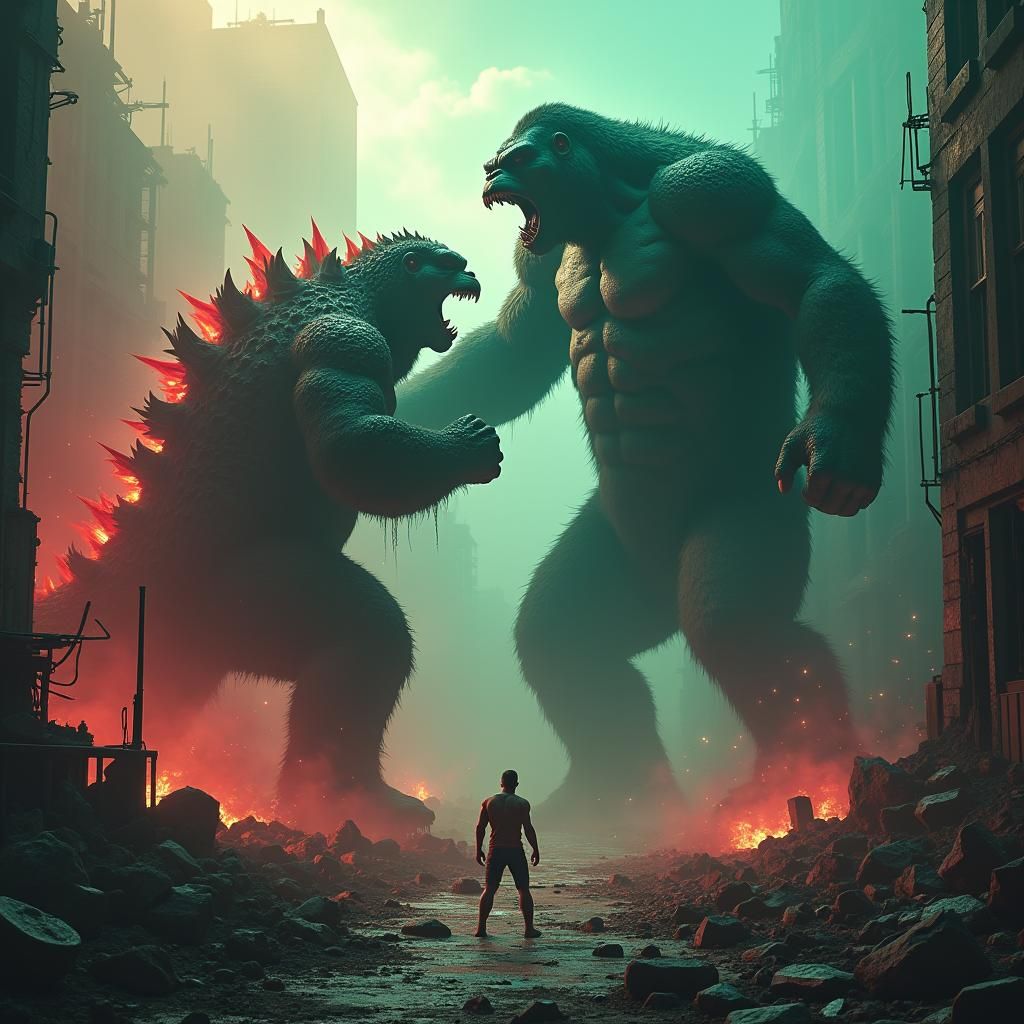 King Kong vs Godzilla in Mystical Cityscape