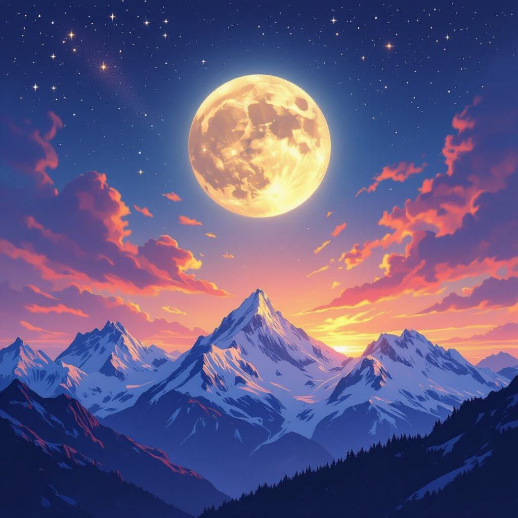 Vibrant Mountain Vista Under Starry Moonlit Sky