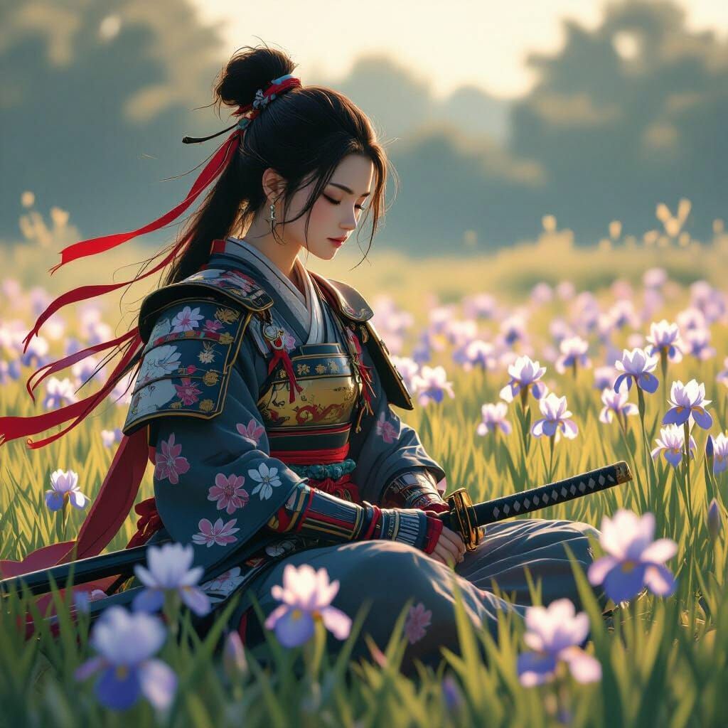Samurai Meditates in Iris Field: Fantasy Art