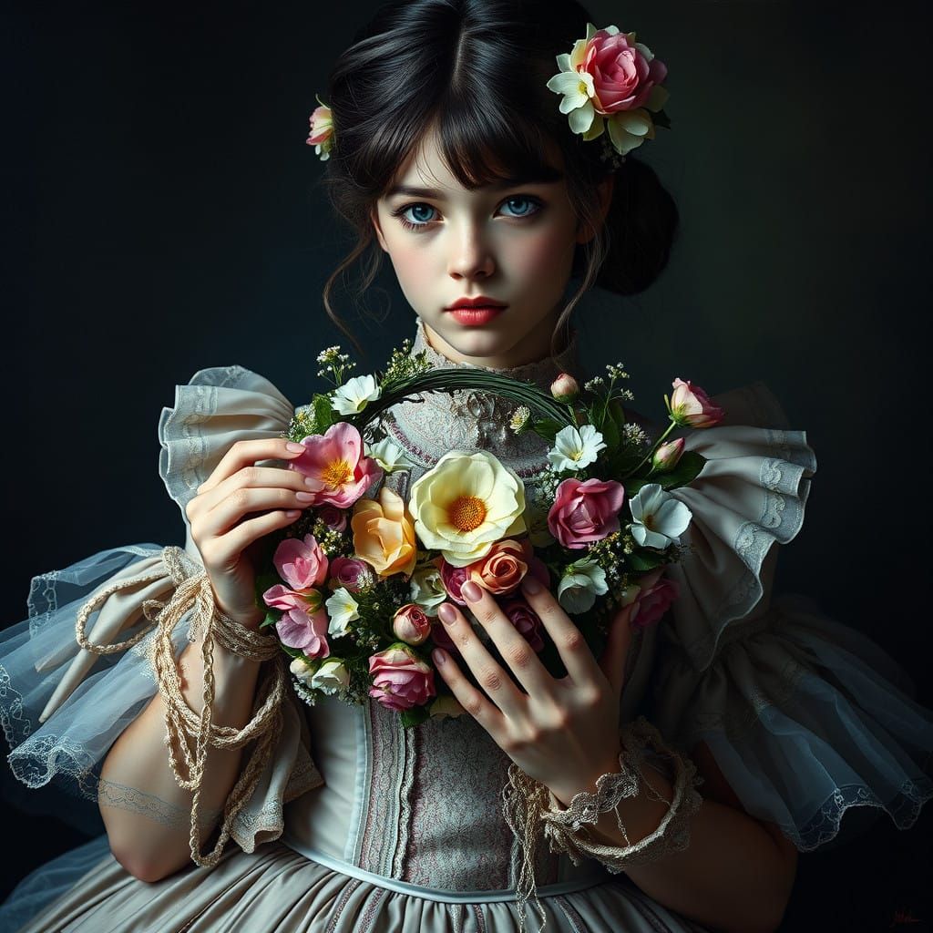 Surreal Woman in Victorian Attire Holds Vibrant Floral Wreat...