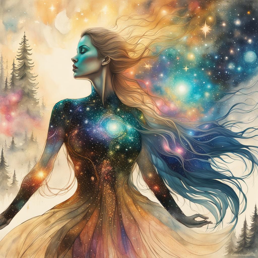 Mysterious Spiritual Woman in Cosmic Forest: Mixed Media Col...