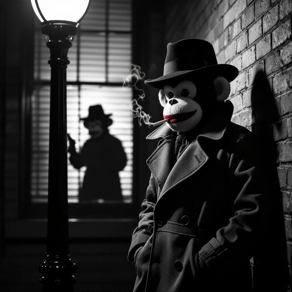 Sock Monkey Noir: Detective Investigates Crime Scene