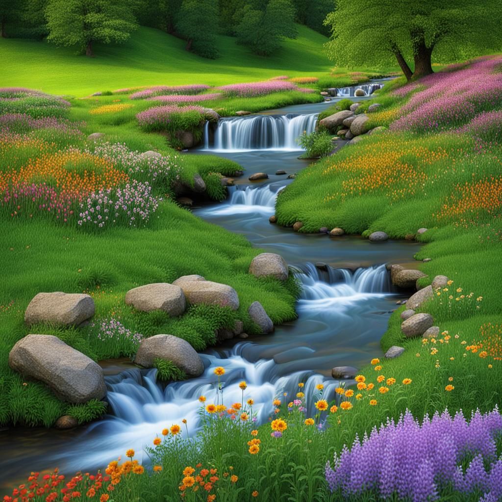Picturesque Meadow With Stream and Waterfalls