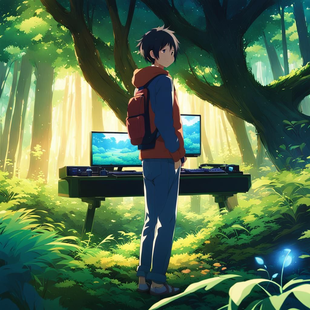 Anime Gamer in Forest Glade with Floating Screens
