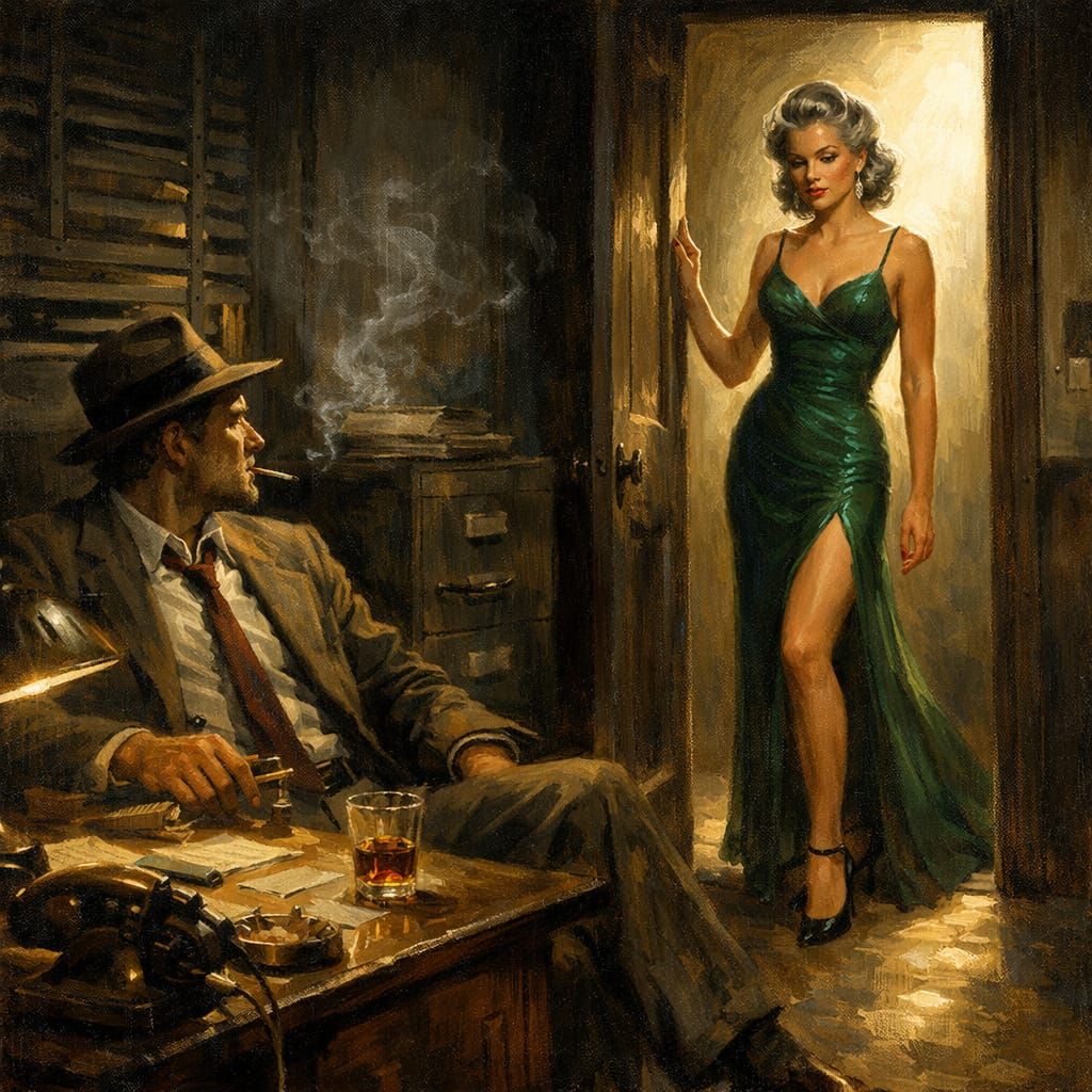 Film Noir Detective Gazes at Femme Fatale in Dim Office
